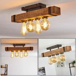 Hofstein Montgomery Deckenleuchte Schwarz, Holz dunkel, 4-flammig